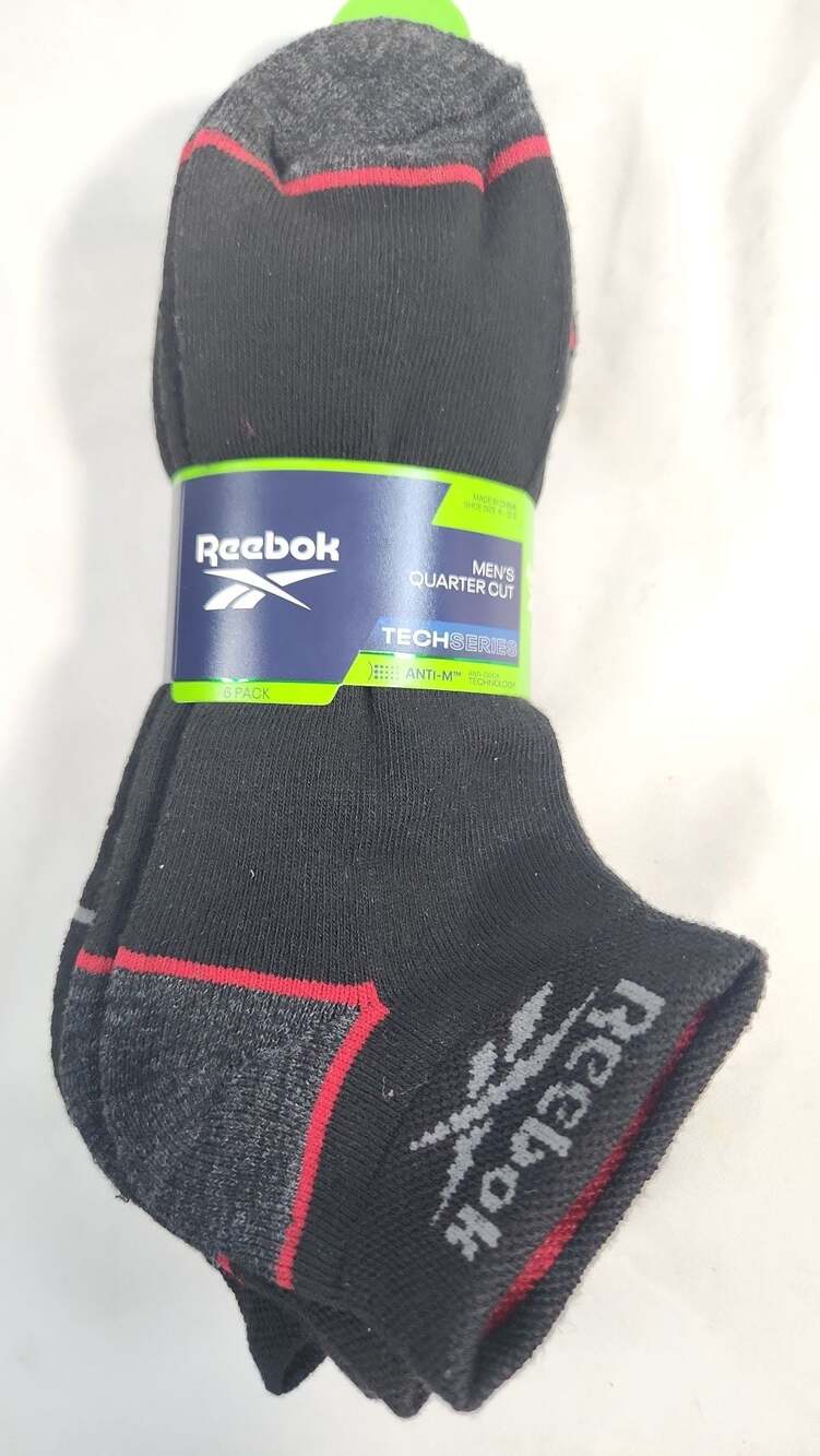 Reebok Men's Quarter Cut Tech Series Socks 6 Pack Black Size 6-12.5